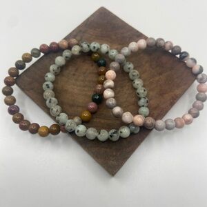 Unisex jasper, kiwi stone and Rhodonite natural crystal bracelet lot of 3 (11A)